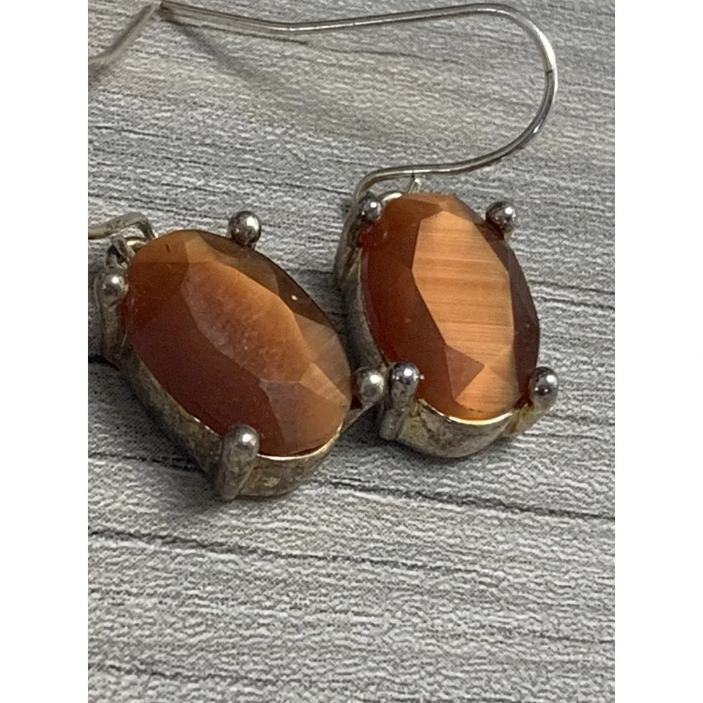 Vintage Silver Tone Amber Brown Oval Faceted Stone Drop Fishhook Earrings 4526